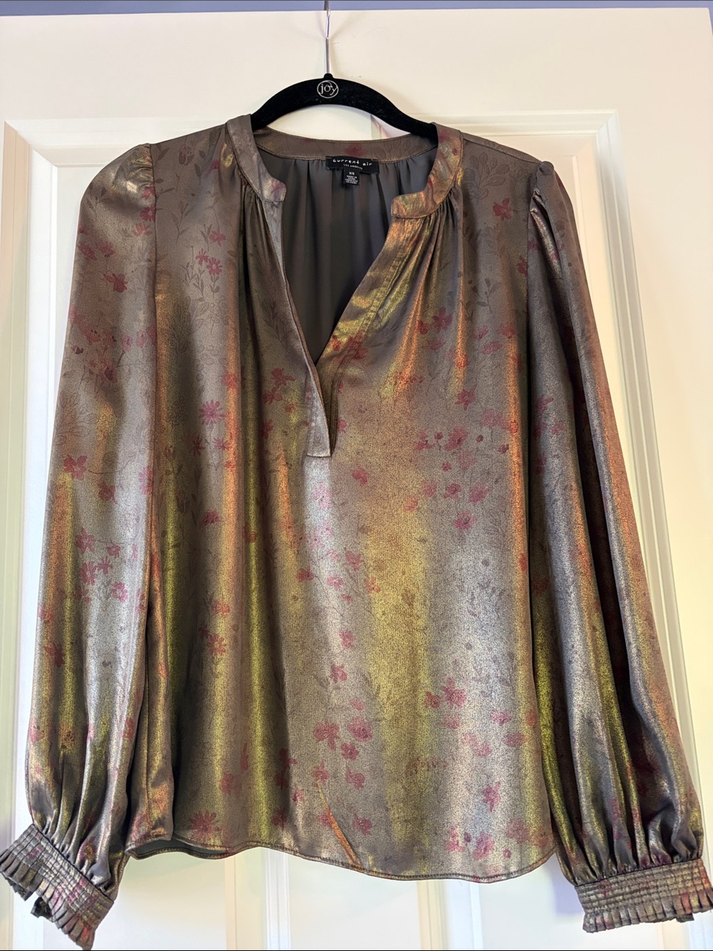 Olive Metallic Floral V-Neck Blouse with Pink Accents